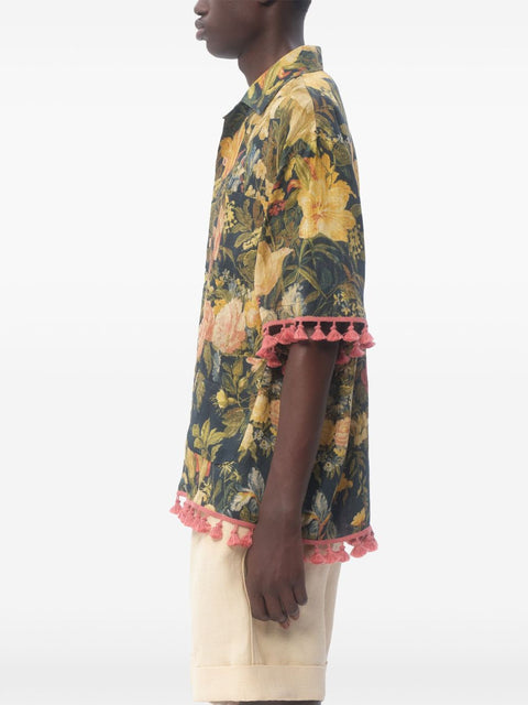 Valentino Valentino linen blend bowling shirt with Apres l'hiver print