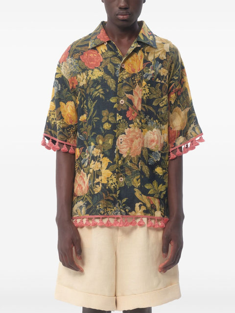 Valentino Valentino linen blend bowling shirt with Apres l'hiver print