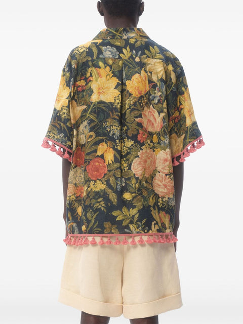 Valentino Valentino linen blend bowling shirt with Apres l'hiver print