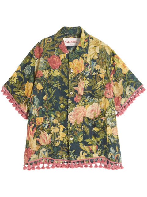 Valentino Valentino linen blend bowling shirt with Apres l'hiver print