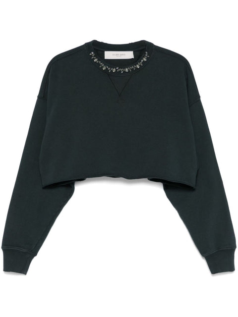 Golden Goose Golden Goose Cropped Cotton Sweatshirt with Crystals on the Front