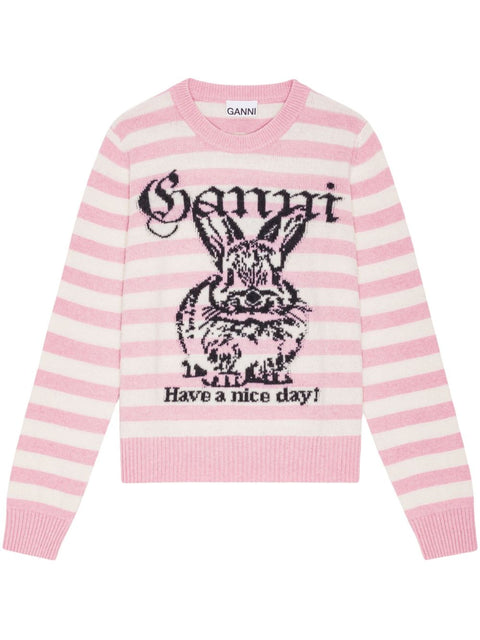 Ganni Ganni Striped Graphic Wool Bunny Jumper