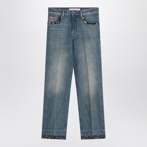 Valentino Valentino Washed blue jeans with floral fabric trims