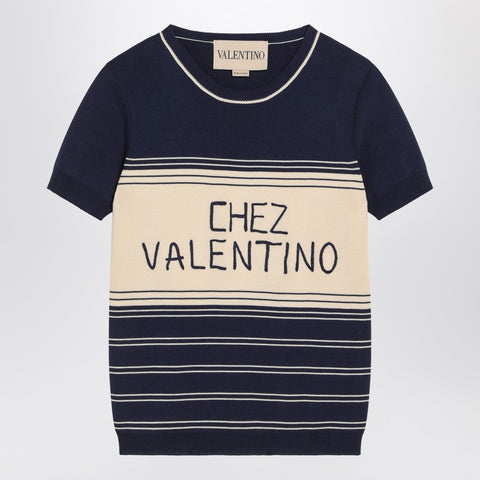 Valentino Blue ribbed top with Chez Valentino embroidery