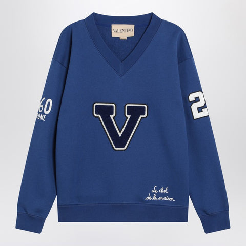 Valentino Valentino Blue sweatshirt with V and Le Chat de la Maison embroidery