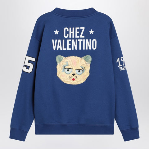 Valentino Valentino Blue sweatshirt with V and Le Chat de la Maison embroidery