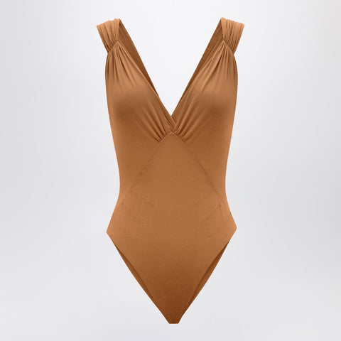 Saint Laurent Saint Laurent Brown silk-blend crossover bodysuit