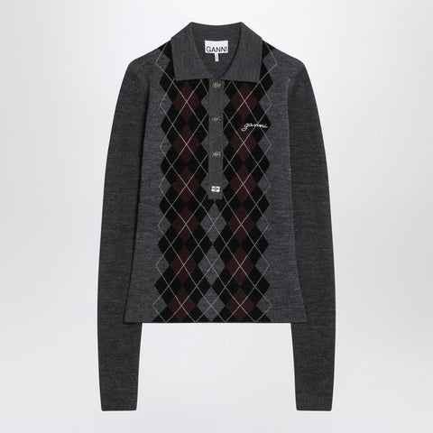 Ganni GANNI Grey polo with wool diamonds