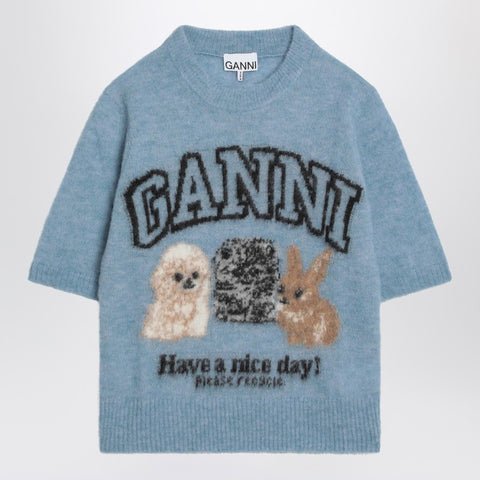Ganni GANNI Light blue sweater with alpaca blend logo