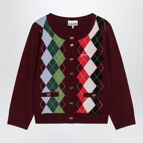 Ganni GANNI Burgundy checked cardigan in cashmere blend