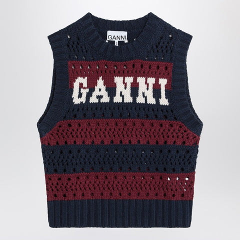 Ganni GANNI Striped openwork vest with logo inlay
