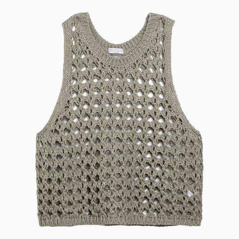 Brunello Cucinelli Brunello Cucinelli Dark green perforated cotton-blend tank top
