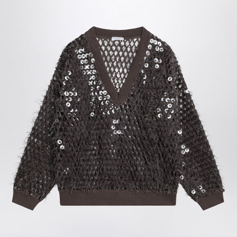 Brunello Cucinelli Brunello Cucinelli Chocolate mesh top with sequins