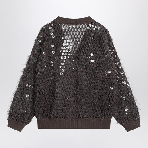 Brunello Cucinelli Brunello Cucinelli Chocolate mesh top with sequins