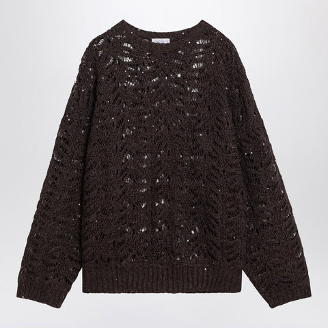 Brunello Cucinelli Brunello Cucinelli Brown perforated sweater with micro sequins