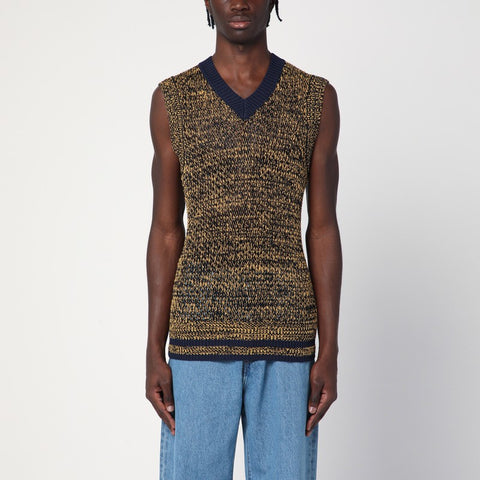 Wales Bonner Wales Bonner Navy blue/yellow textured vest in a cotton blend